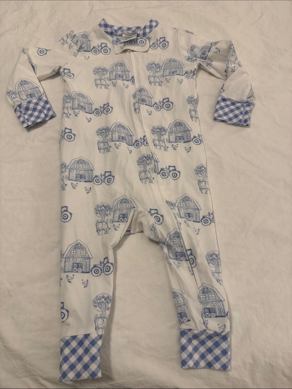 Ishtex size 12 months onesie with farm print and pocket on butt